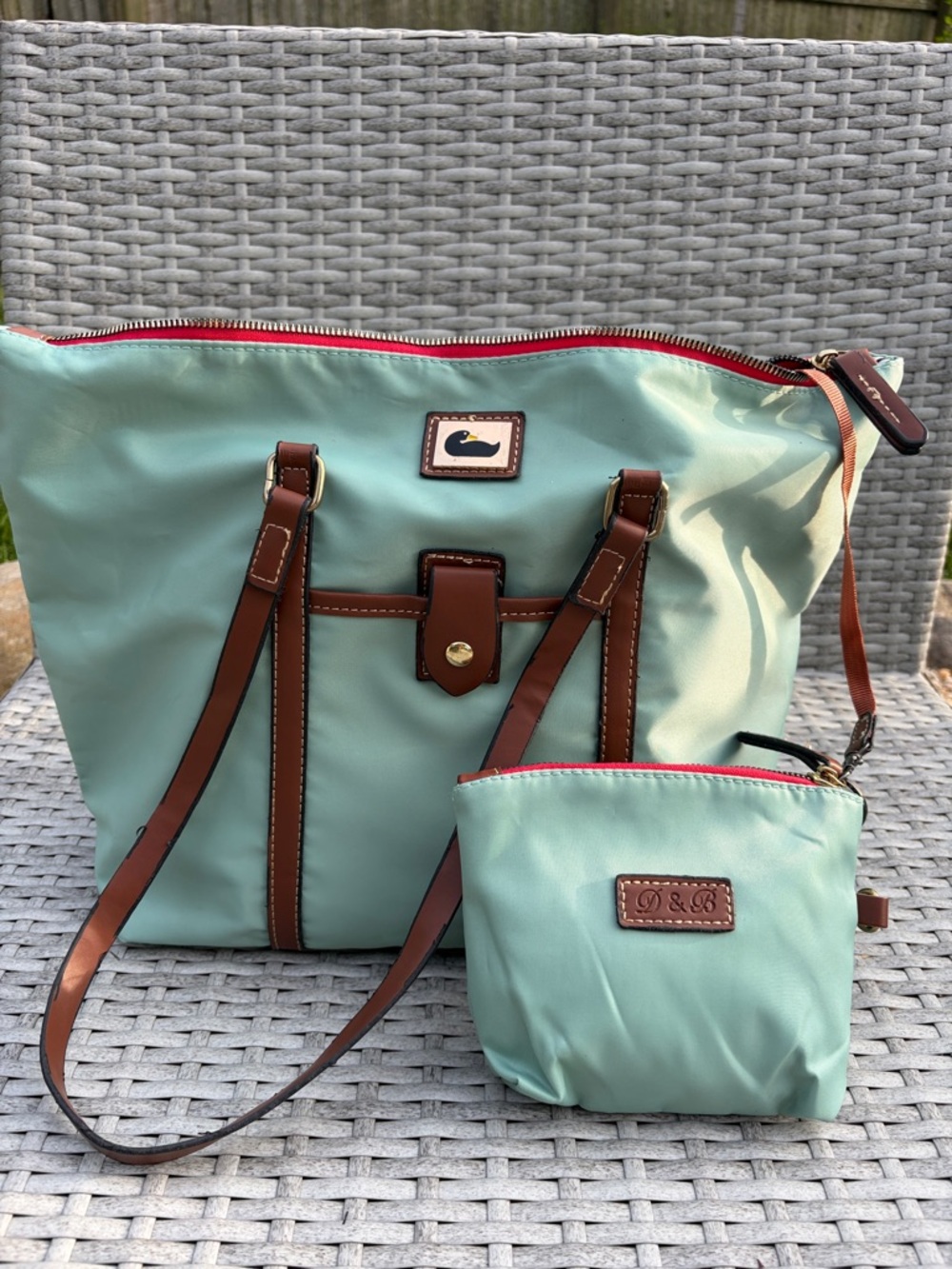 Dooney & Bourke Mint Nylon Tote with Brown Trim and Red Zip